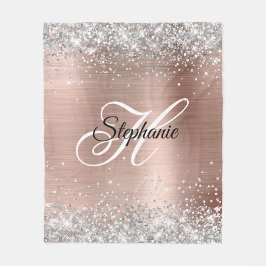 Silver Glitzer Rose Gold Foil Extravagant Monogram Fleecedecke (Vorderseite)