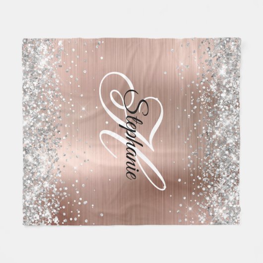 Silver Glitzer Rose Gold Foil Extravagant Monogram Fleecedecke (Vorderseite (Horizontal))
