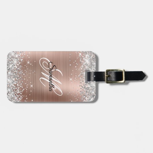 Silver Glitzer Rose Gold Foil Extravagant Monogram Gepäckanhänger (Vorderseite horizontal)