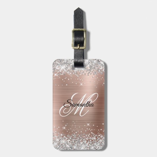 Silver Glitzer Rose Gold Foil Extravagant Monogram Gepäckanhänger (Vorderseite vertikal)