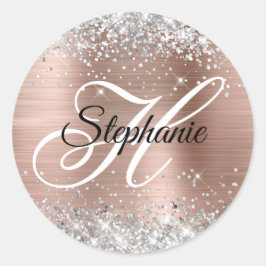 Silver Glitzer Rose Gold Foil Extravagant Monogram Runder Aufkleber