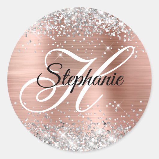 Silver Glitzer Rose Gold Foil Extravagant Monogram Runder Aufkleber (Vorderseite)
