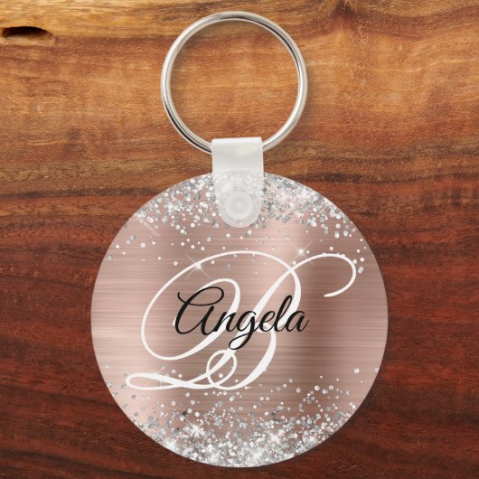 Silver Glitzer Rose Gold Foil Extravagant Monogram Schlüsselanhänger (Vorderseite)