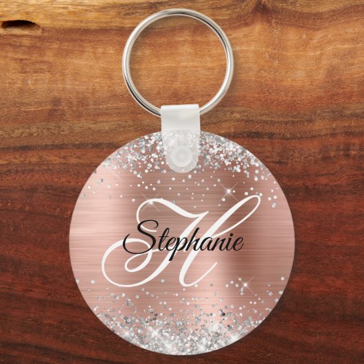 Silver Glitzer Rose Gold Foil Extravagant Monogram Schlüsselanhänger (Vorderseite)
