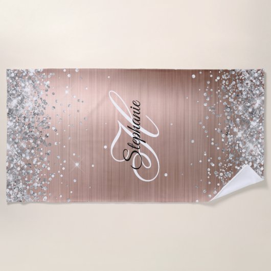 Silver Glitzer Rose Gold Foil Extravagant Monogram Strandtuch (Vorderseite)