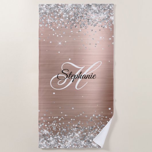 Silver Glitzer Rose Gold Foil Extravagant Monogram Strandtuch (Vorderseite)