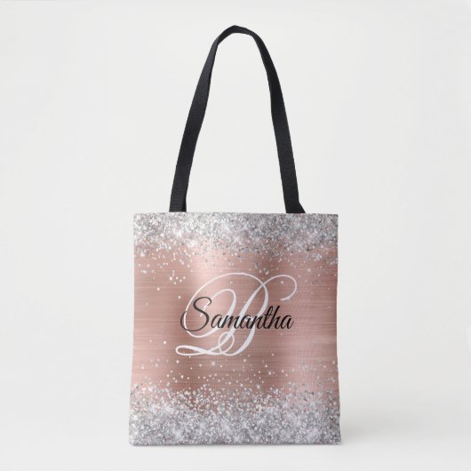 Silver Glitzer Rose Gold Foil Extravagant Monogram Tasche (Vorderseite)