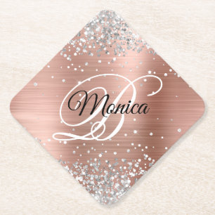 Silver Glitzer Rose Gold Foil Monogram Diamond Untersetzer