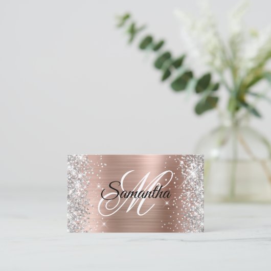 Silver Glitzer Rose Gold Foil Monogram QR Code Visitenkarte (Stehend Vorderseite)