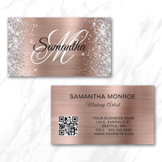 Silver Glitzer Rose Gold Foil Monogram QR Code Visitenkarte