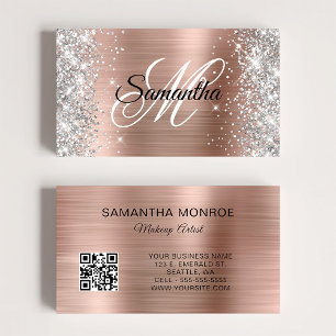 Silver Glitzer Rose Gold Foil Monogram QR Code Visitenkarte