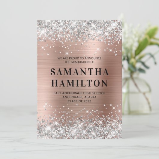 Silver Glitzer Rose Gold Ombre Foil Abschluss Ankündigung (Stehend Vorderseite)