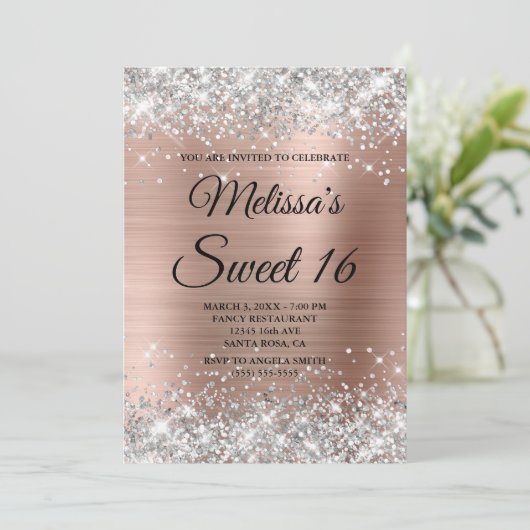 Silver Glitzer Rose Gold Sweet 16 Extravagant Mono Einladung (Stehend Vorderseite)