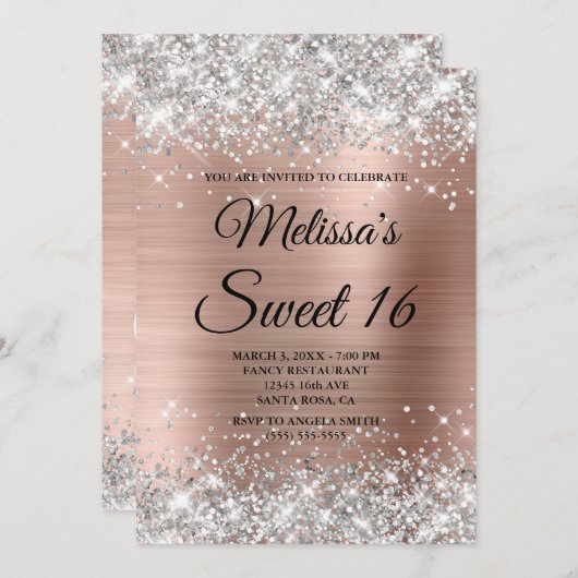 Silver Glitzer Rose Gold Sweet 16 Extravagant Mono Einladung (Vorne/Hinten)