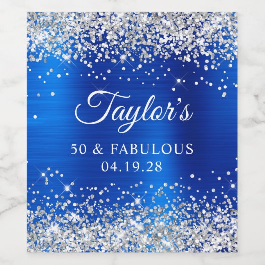 Silver Glitzer Royal Blue Foil 50 & Fabulous Weinetikett (Einzelnes Label)