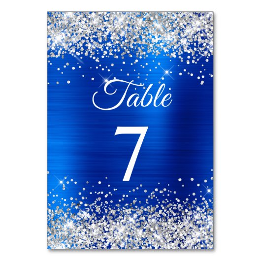 Silver Glitzer Royal Blue Foil Elegante Kalligrafi Tischnummer (Vorderseite)