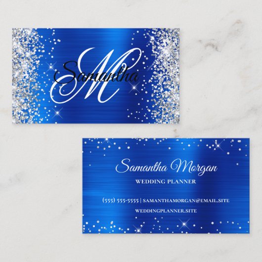 Silver Glitzer Royal Blue Foil Extravagant Monogra Visitenkarte (Vorne/Hinten)