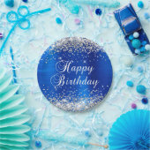 Silver Glitzer Royal Blue Foil Happy Birthday Pappteller (Party)
