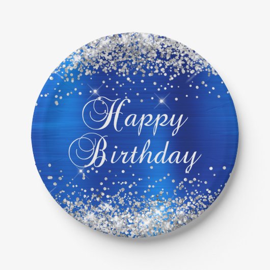 Silver Glitzer Royal Blue Foil Happy Birthday Pappteller (Vorderseite)