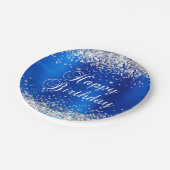 Silver Glitzer Royal Blue Foil Happy Birthday Pappteller (Schrägansicht)