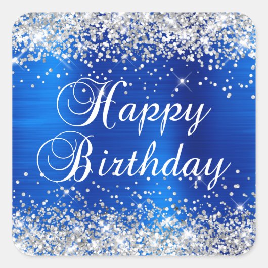 Silver Glitzer Royal Blue Foil Happy Birthday Quadratischer Aufkleber (Vorderseite)