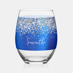 Silver Glitzer Royal Blue Glam Name Weinglas Ohne Stiel