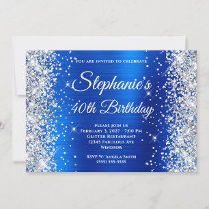 Silver Glitzer Royal Blue Monogram 40. Geburtstag Einladung