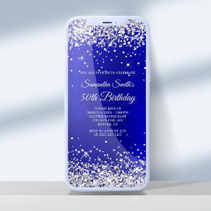 Silver Glitzer Royal Blue Satin 50. Geburtstag Einladung