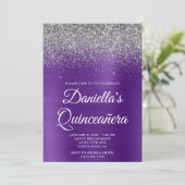 Silver Glitzer Royal Lila Foil Quinceañera Einladung (Stehend Vorderseite)