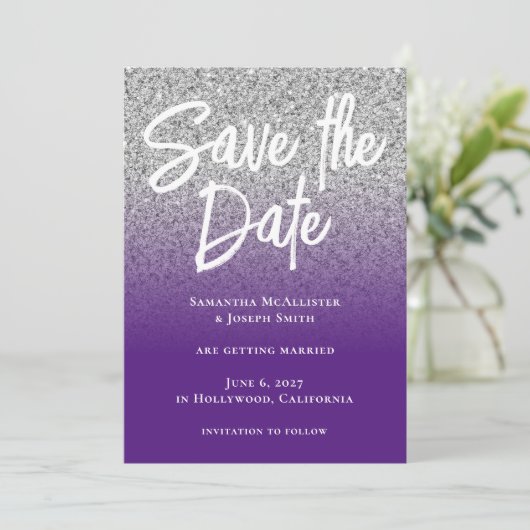 Silver Glitzer Royal Lila Ombre Save The Date (Stehend Vorderseite)