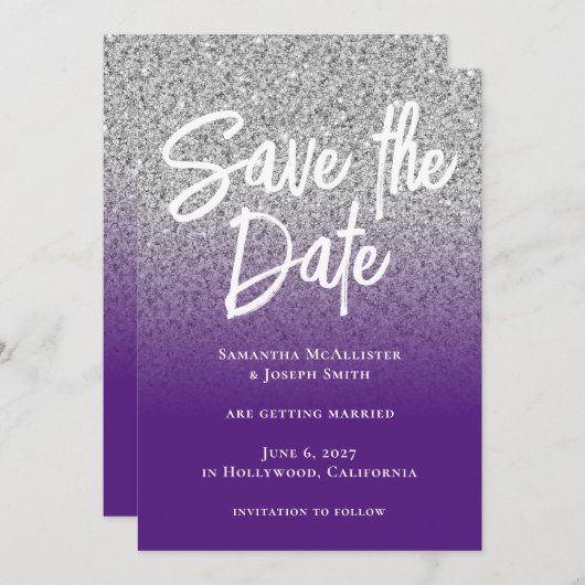 Silver Glitzer Royal Lila Ombre Save The Date (Vorne/Hinten)