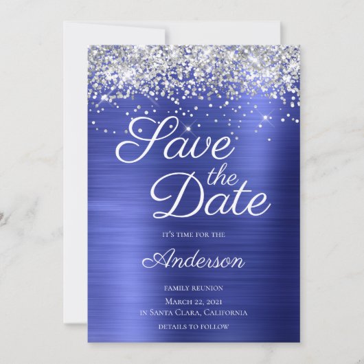 Silver Glitzer Sapphire Blue Ombre Family Wiederse Save The Date (Vorderseite)