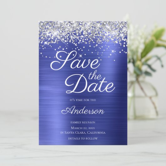 Silver Glitzer Sapphire Blue Ombre Family Wiederse Save The Date (Stehend Vorderseite)