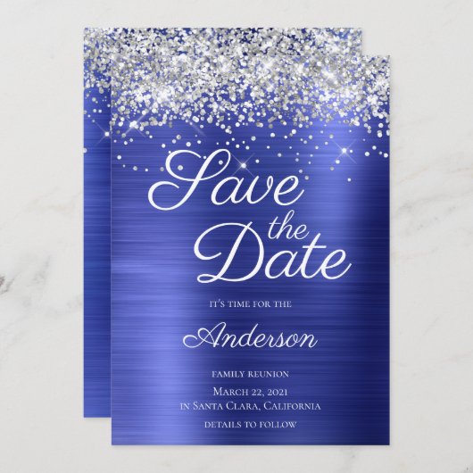 Silver Glitzer Sapphire Blue Ombre Family Wiederse Save The Date (Vorne/Hinten)