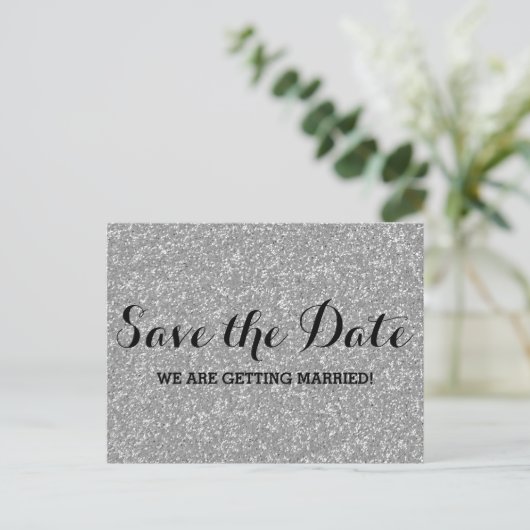 Silver Glitzer Save the Date Postkarte 2 (Stehend Vorderseite)