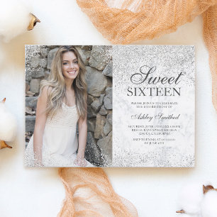 Silver Glitzer schick weißer Marmor Foto Sweet 16 Einladung