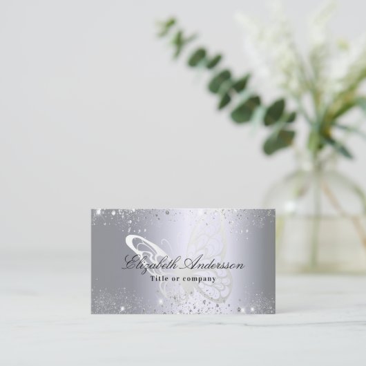 Silver Glitzer Schmetterling qr Code Foto Visitenkarte (Stehend Vorderseite)