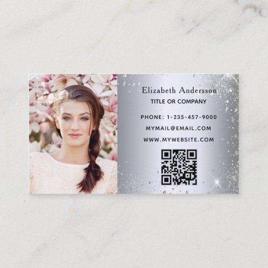 Silver Glitzer Schmetterling qr Code Foto Visitenkarte (Rückseite)