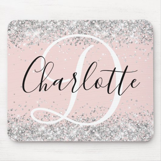 Silver Glitzer Schwarz-Weiß-Monogramm Mousepad (Vorne)