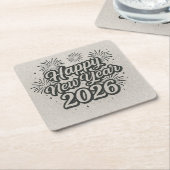 Silver Glitzer Script & Black Happy New Year 2026 Rechteckiger Pappuntersetzer (angewinkelt)