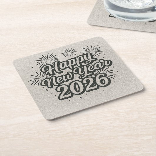 Silver Glitzer Script & Black Happy New Year 2026 Rechteckiger Pappuntersetzer (angewinkelt)