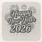 Silver Glitzer Script & Black Happy New Year 2026 Rechteckiger Pappuntersetzer (Vorderseite)
