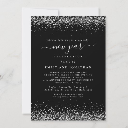 Silver Glitzer Script Black Silvester Party Einladung (Vorderseite)