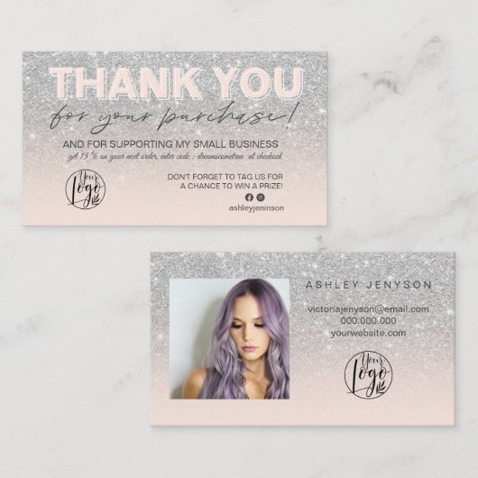 SIlver Glitzer Script Foto Logo vielen Dank Visitenkarte (Vorne/Hinten)