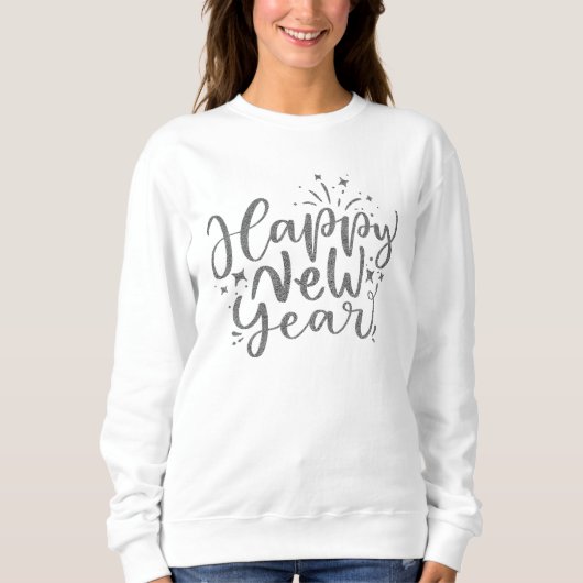 Silver Glitzer Script Happy New Year Sweatshirt (Vorderseite)