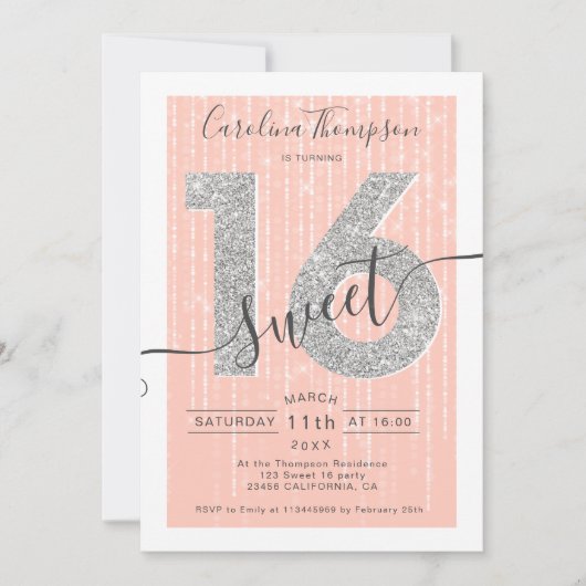 Silver Glitzer Script Peach Sweet 16 Foto Einladung (Vorderseite)
