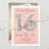 Silver Glitzer Script Peach Sweet 16 Foto Einladung (Vorne/Hinten)
