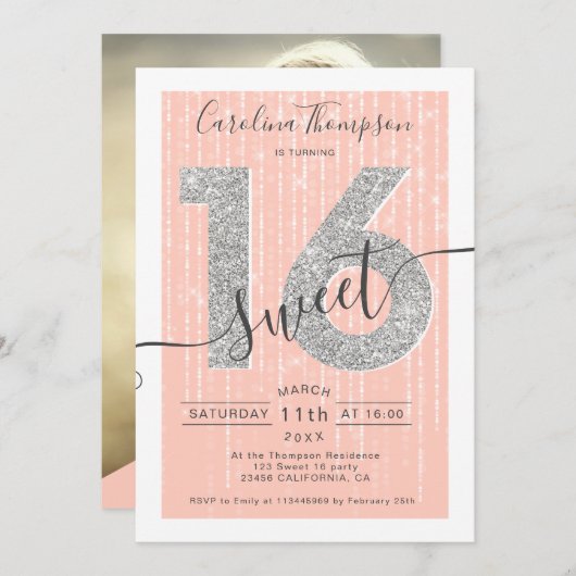 Silver Glitzer Script Peach Sweet 16 Foto Einladung (Vorne/Hinten)