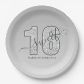 Silver Glitzer Script Sweet 16 Pappteller (Vorderseite)