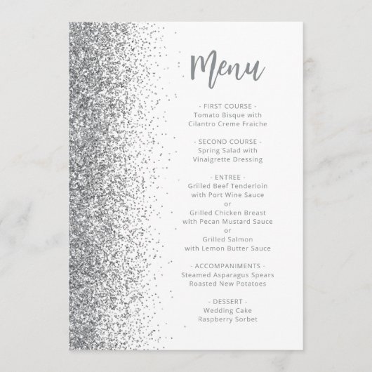 Silver Glitzer Script White Wedding Menükarte (Vorderseite)